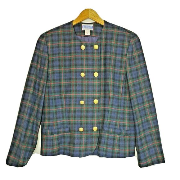 Vtg 90s Pendleton Woman's Green Plaid Wool Blazer Suit Jacket 16 Clueless - Picture 1 of 11